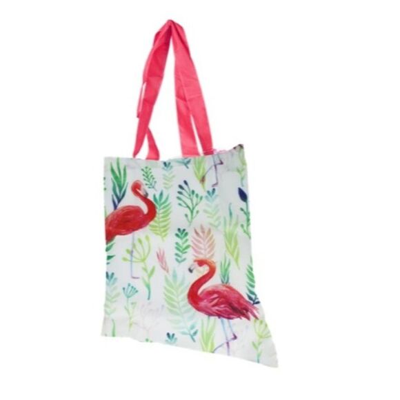 Flamingo Polyester Foldup Shopping Bag with Matching Zippered Storage Pouch - Picture 1 of 5